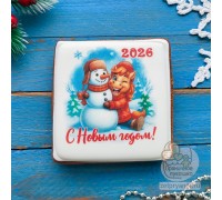 Пряник открытка на Новый год «Лошадь со снеговиком»