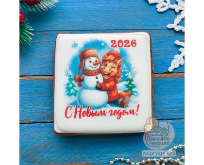 Пряник открытка на Новый год «Лошадь со снеговиком»