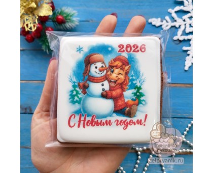 Пряник открытка на Новый год «Лошадь со снеговиком»