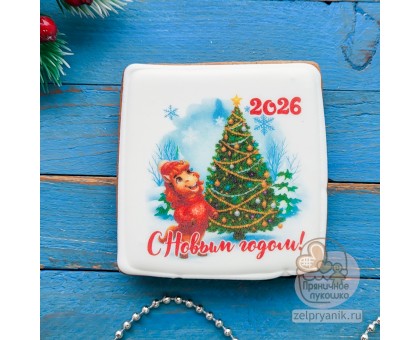 Пряник открытка на Новый год «Лошадь с елкой»