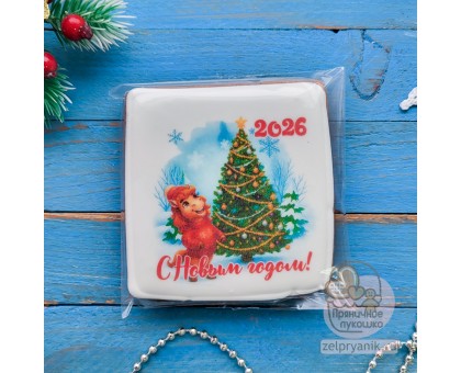 Пряник открытка на Новый год «Лошадь с елкой»