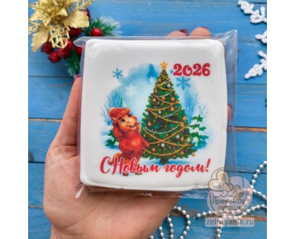 Пряник открытка на Новый год «Лошадь с елкой»