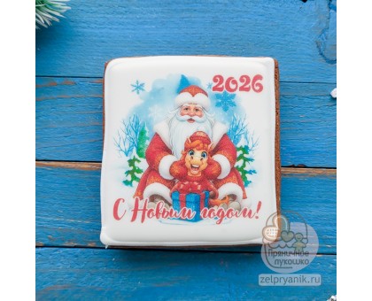 Пряник открытка на Новый год «Лошадь с Дедом Морозом»