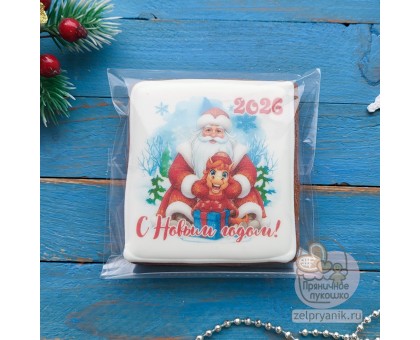 Пряник открытка на Новый год «Лошадь с Дедом Морозом»