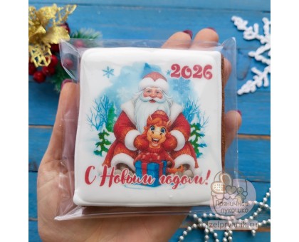 Пряник открытка на Новый год «Лошадь с Дедом Морозом»